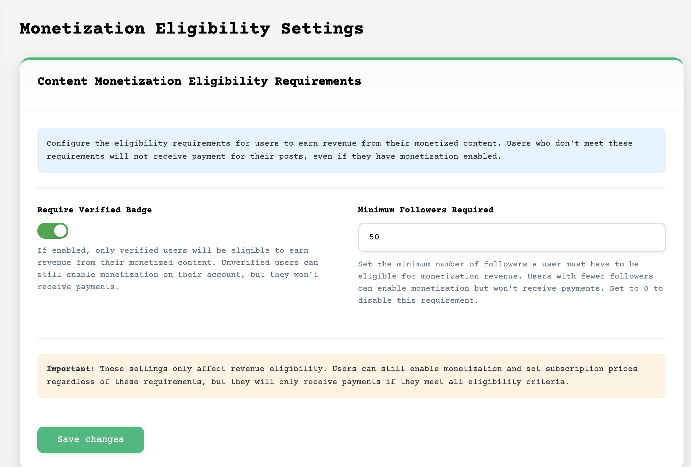 Monetization settings