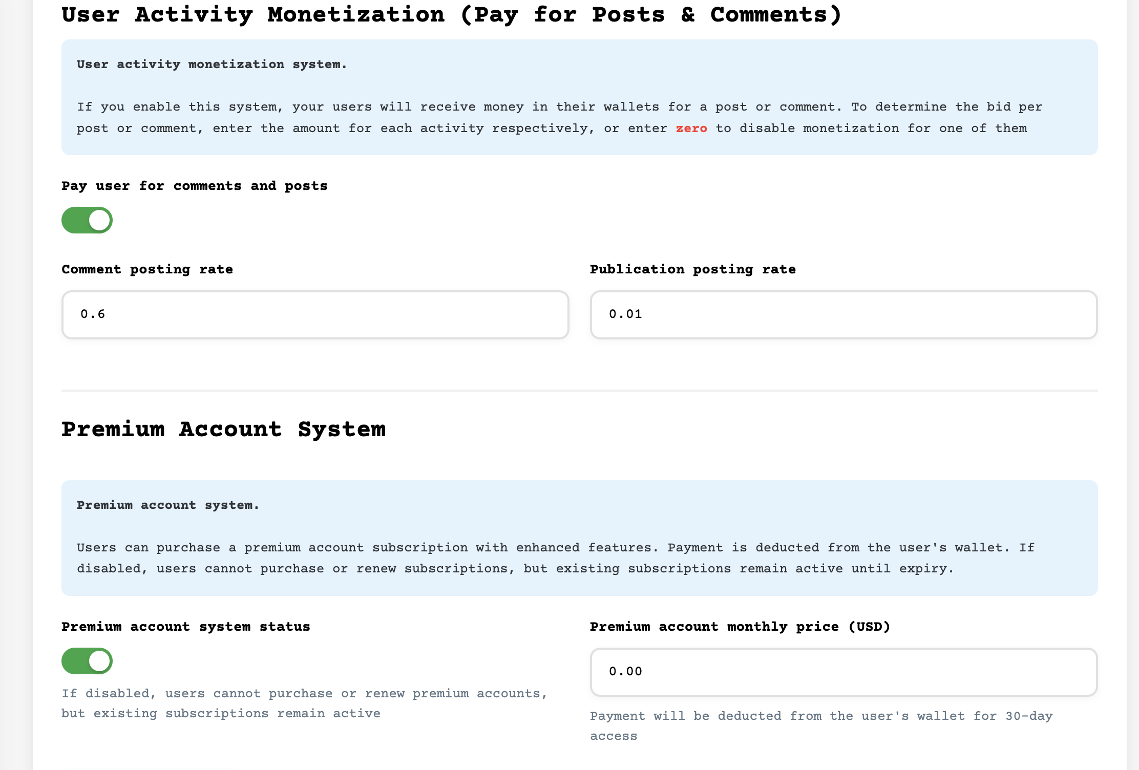Monetization settings